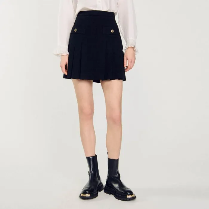 Women Skirts SANDRO Pleated Tweed Skirt Black Women Skirts SANDRO Pleated Tweed Skirt Black