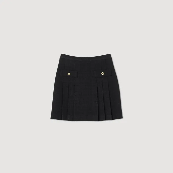 Women Skirts SANDRO Pleated Tweed Skirt Black Women Skirts SANDRO Pleated Tweed Skirt Black