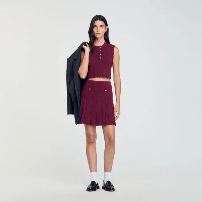 Women Skirts SANDRO Short Pleated Knit Skirt Burgundy