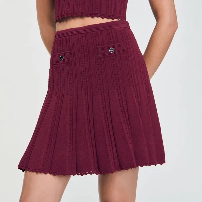 Women Skirts SANDRO Short Pleated Knit Skirt Burgundy