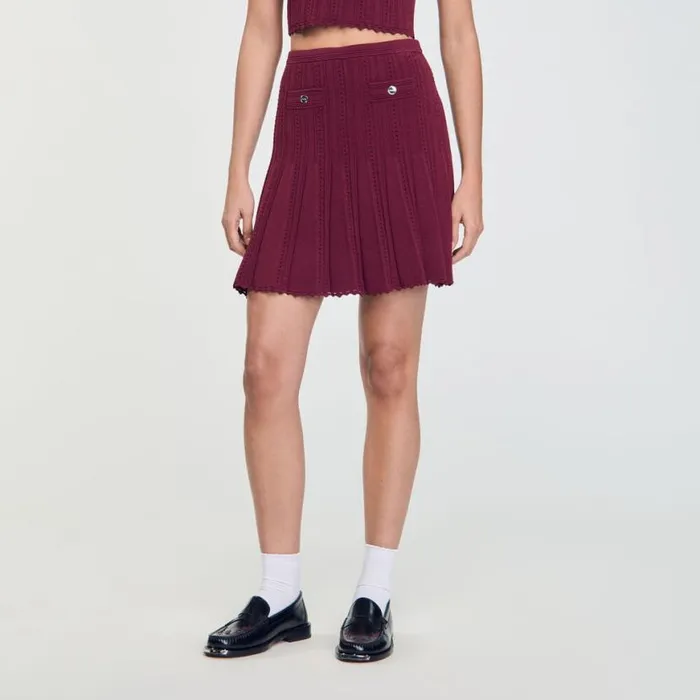 Women Skirts SANDRO Short Pleated Knit Skirt Burgundy