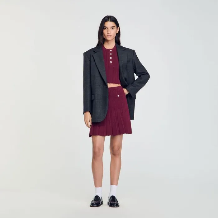 Women Skirts SANDRO Short Pleated Knit Skirt Burgundy