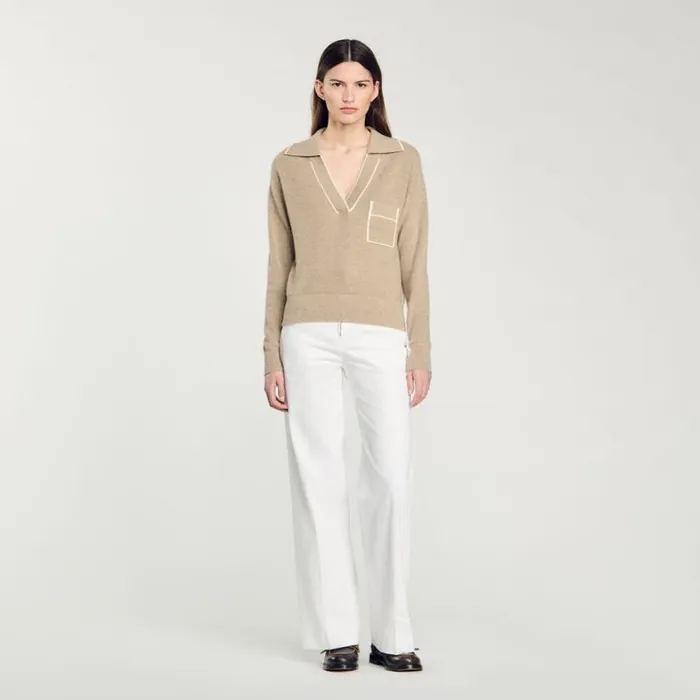 Women Sweaters and Cardigans SANDRO Open PoloCollar Neck Sweater Beige