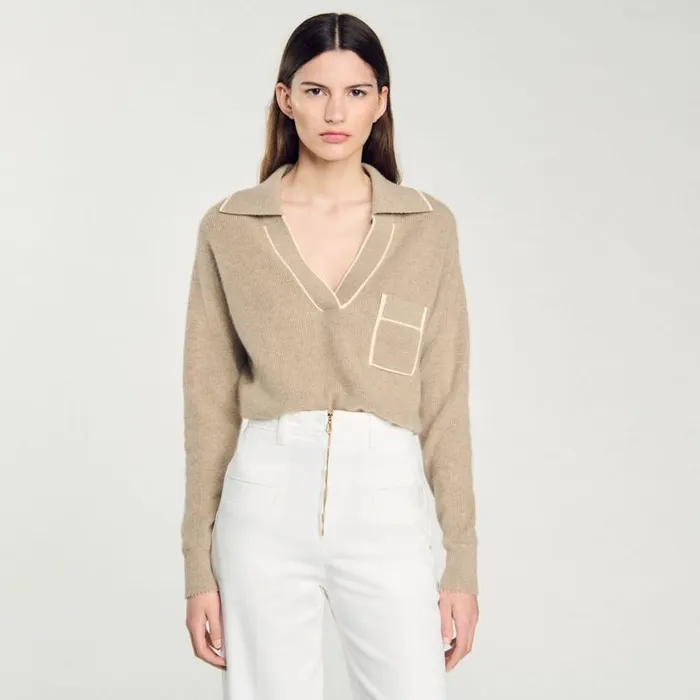 Women Sweaters and Cardigans SANDRO Open PoloCollar Neck Sweater Beige