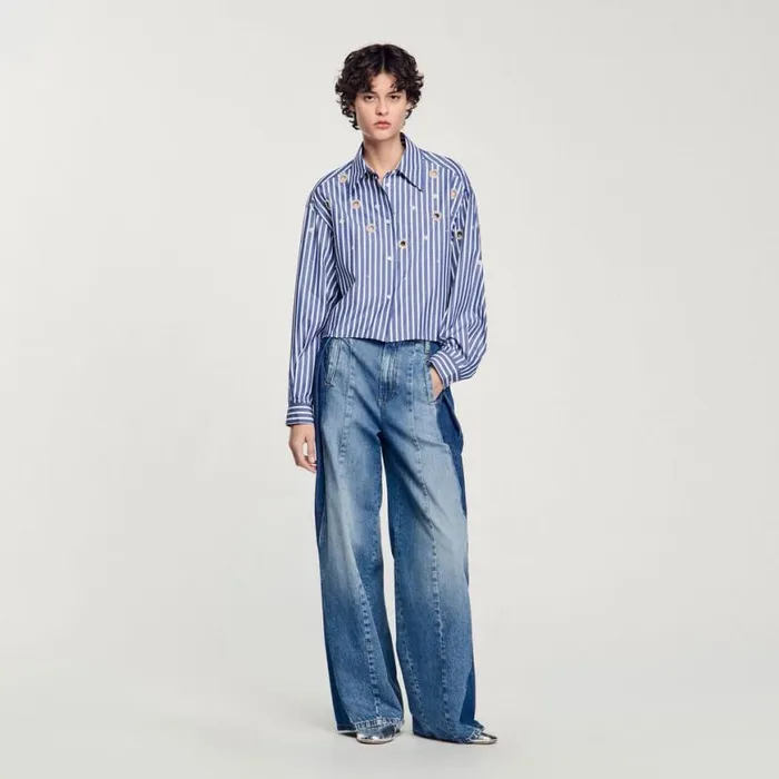 Women Tops and Shirts SANDRO Beaded Striped Shirt Blue
