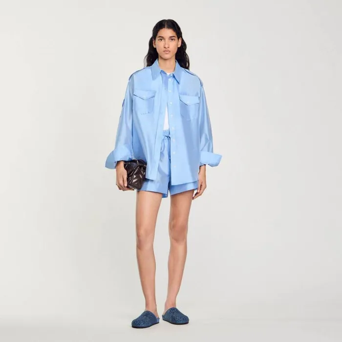 Women Tops and Shirts SANDRO Loosefit Satin Shirt Sky Blue