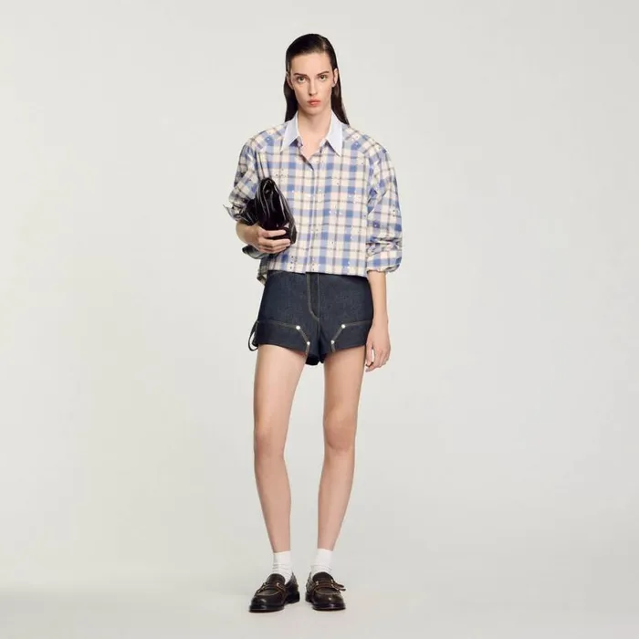 Women Tops and Shirts SANDRO Rhinestone Check Shirt Blue