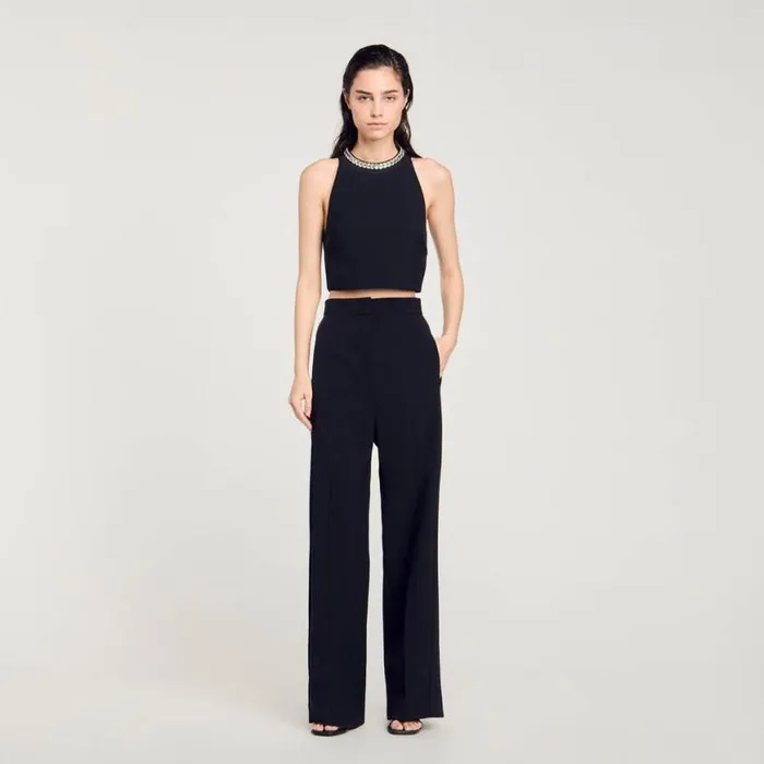 Women Tops and Shirts SANDRO Rhinestone Crop Tank Black