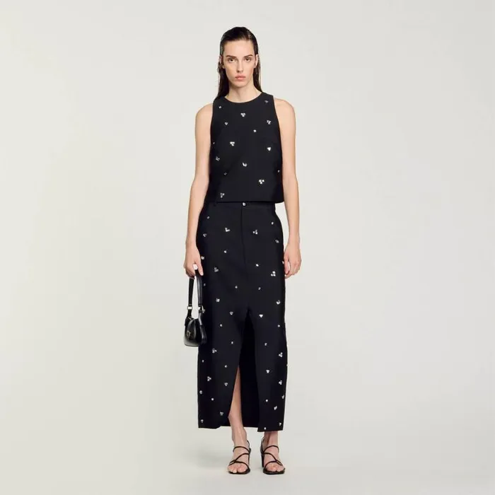 Women Tops and Shirts SANDRO Rhinestone Crop Top Black