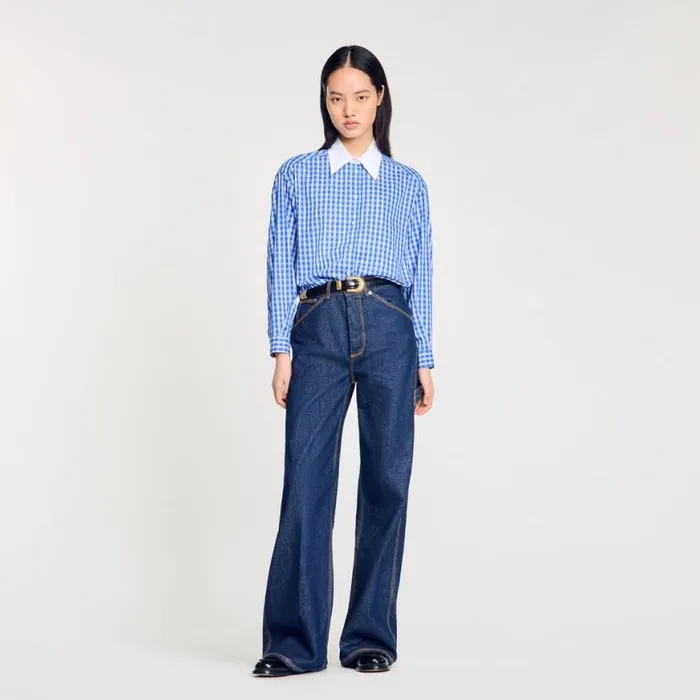 Women Tops and Shirts SANDRO Short Checked Shirt Royal Blue