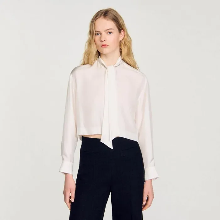 Women Tops and Shirts SANDRO Short Silk Shirt Ecru