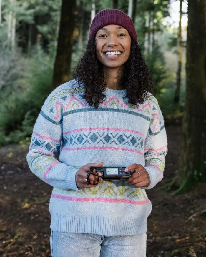 Women Tops Passenger Whimsical Recycled Knitted Jumper Homespun Stripe Blue Fog Homespun Stripe Blue Fog