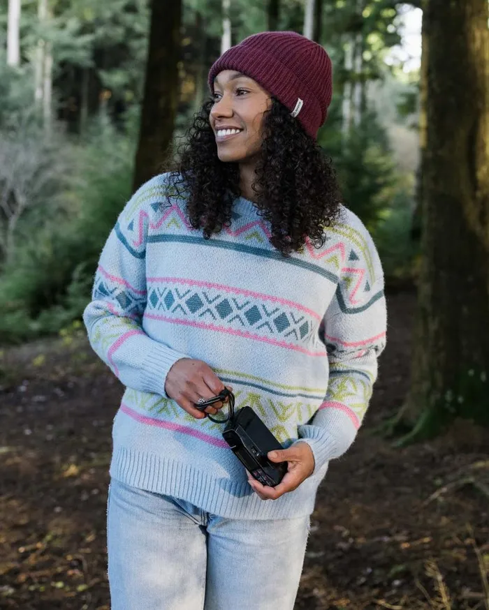 Women Tops Passenger Whimsical Recycled Knitted Jumper Homespun Stripe Blue Fog Homespun Stripe Blue Fog