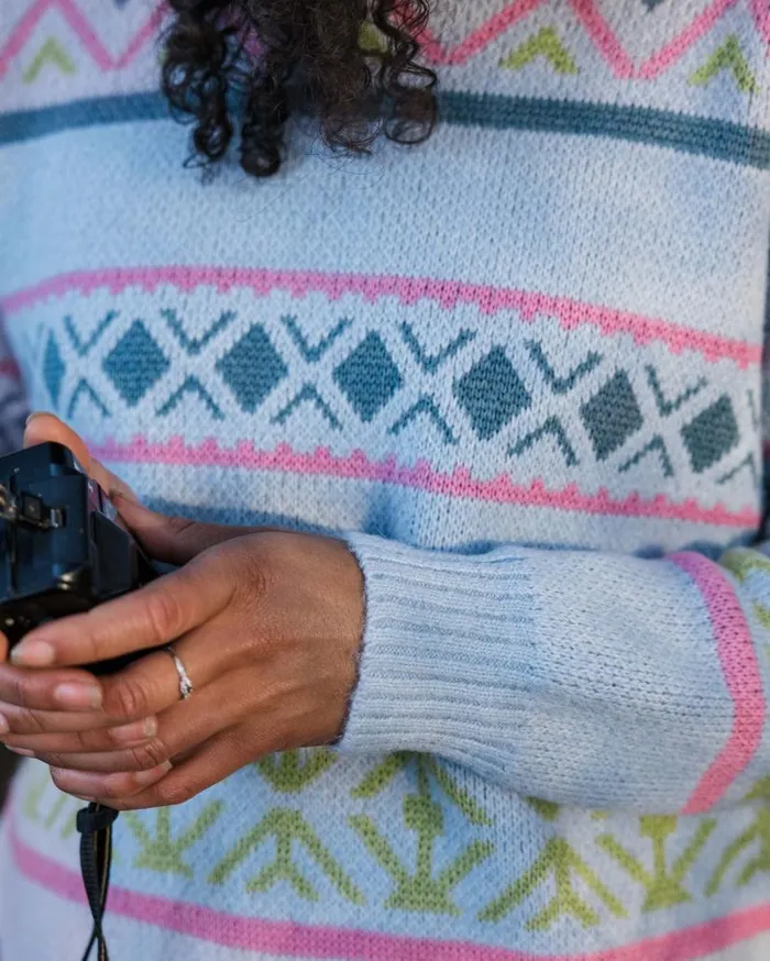 Women Tops Passenger Whimsical Recycled Knitted Jumper Homespun Stripe Blue Fog Homespun Stripe Blue Fog