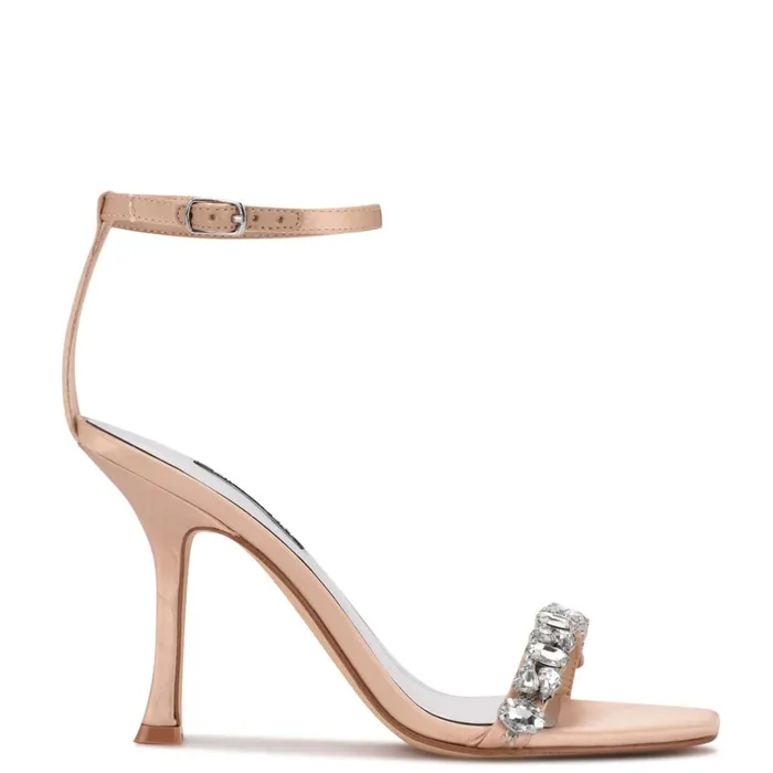 Yazmin Ankle Strap Dress Sandals Natural Satin Crystal Women Nine West High Heels