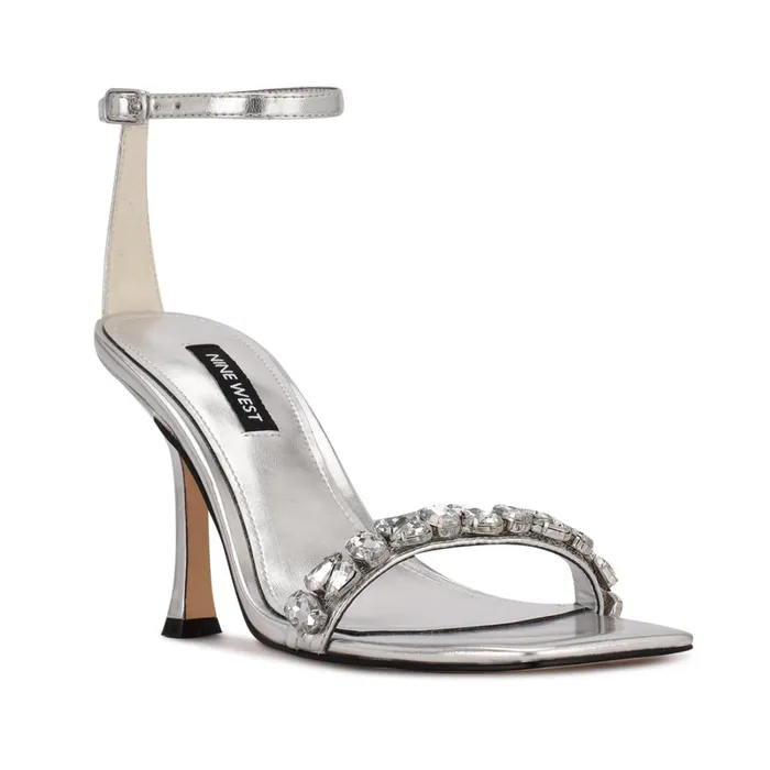 Yazmin Ankle Strap Dress Sandals Silver Metallic Women Nine West Heeled Yazmin Ankle Strap Dress Sandals Silver Metallic Women Nine West Heeled