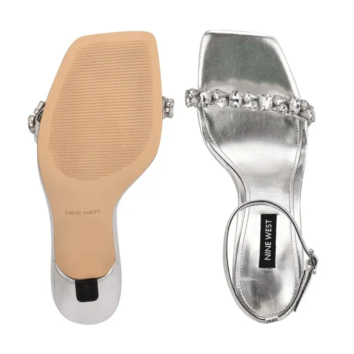 Yazmin Ankle Strap Dress Sandals Silver Metallic Women Nine West Heeled Yazmin Ankle Strap Dress Sandals Silver Metallic Women Nine West Heeled