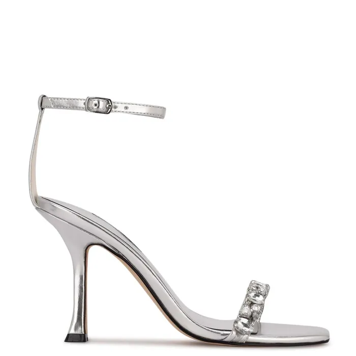 Yazmin Ankle Strap Dress Sandals Silver Metallic Women Nine West High Heels